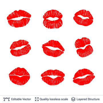 Set of red lips prints isolated on white.