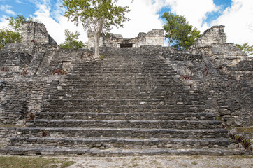 View of the top of the ancient Mayan pyramid of Kinichna near Costa Maya, Mexico.