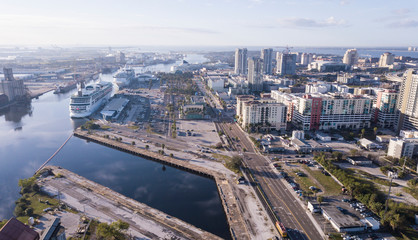 Fototapeta na wymiar Aerial view of cruise port and downtown area in Tampa, Florida.