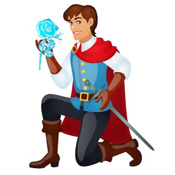 Young handsome prince with a sword holding an ice rose isolated on white background. Vector cartoon close-up illustration.