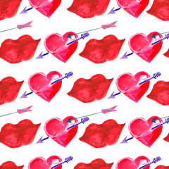 Watercolor seamless pattern. Hand painted Valentine's Day background with red hearts, lips and arrows.