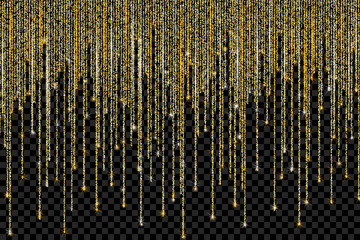 Vector falling in lines gold glitter confetti dots rain. Golden garland glittering lights isolated on transparent background. Sparkling glow border, party tinsels shimmer frame, holiday background