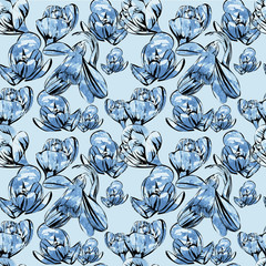 Materiał do szycia illustration of seamless pattern First Snowdrops Galanthus Flowers. with watrcolor effects. Spring background, wallpaper and printable wrapping paper