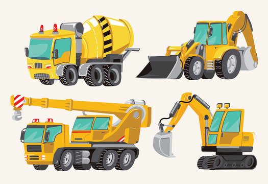 Set of Toy Construction Equipment in Yellow. Special Machines for the Building Work. Forklifts, Cranes, Excavators, Tractors, trucks, concrete mixer, trailer. Vector illustration
