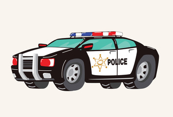 Funny cute hand drawn cartoon Police Car. Toy Cartoon Police Car. Toy Vehicles for Boys. Vector illustration © FoxyImage