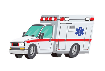 Vector illustration ambulance car on white background. Ambulance auto paramedic emergency. Ambulance vehicle medical evacuation. Cartoon ambulance silhouette on blue © FoxyImage