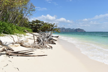 Fototapeta na wymiar Beautiful panorama of the lonely beach with a white tree trunk in front at Poda Island in Krabi, Thailand, Asia