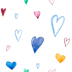 Valentine's Day watercolor seamless pattern with multicolor hearts on white background
