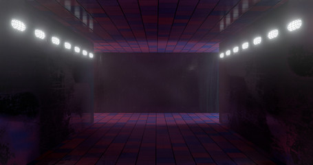 3d rendering. Underground tunnel or corridor lit with bright neon lamps. Futuristic background. Dark dungeon.