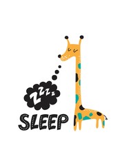 Illustration of a Sleeping giraffe with a text cloud and a sound Z-Z-z in cartoon style