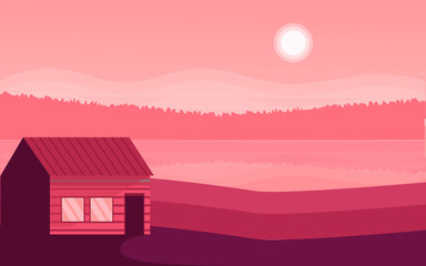 Panoramic lanscape. Vector illustration of nature. View with mountain, sky, sun, sunrise, sunset, fog, house, hills, pines, tress, grass, river, lake, reflection.