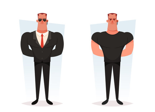 Funny Cartoon Character - Bodyguard (Security). Vector Illustration