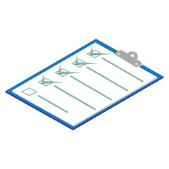 Clipboard folder with marked signs. 3d isometric flat design. Vector.