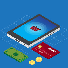Online Shopping concept with credit card, money and smart phone. 3d isometric flat design. Vector.