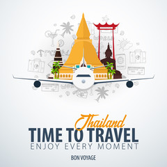 Thailand. Time to Travel. Banner with airplane and doodle elements on background. Vector illustration