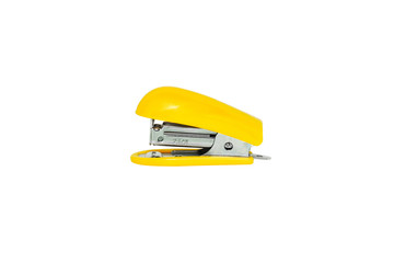 Yellow colored stapler closeup on white background