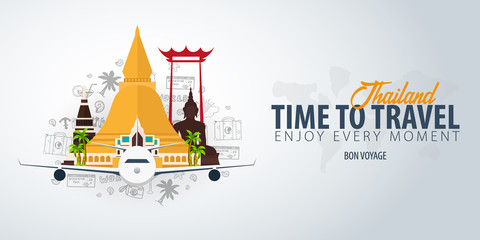 Thailand. Time to Travel. Banner with airplane and doodle elements on background. Vector illustration