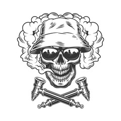 Skull wearing panama hat and sunglasses
