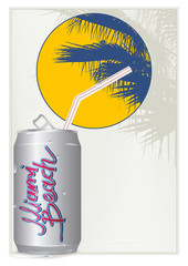 calligraphy inscription "Miami beach". silhouette of a palm tree against the evening sun. aluminum cans in drops of water with a cocktail straw
