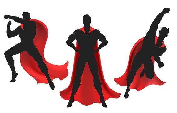 Superhero silhouette. Powerful man silhouettes figure with super hero red cape vector illustration