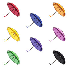 Set of 8 colorful vector umbrellas on a white background.