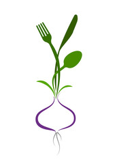 Logo for a cafe, restaurant or menu. Stylized image of a fork, knife and spoon growing from a bulb.