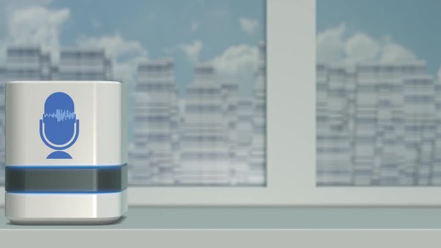 smart speaker with cityscape on background, concept of smart home technology and iot (3d render)