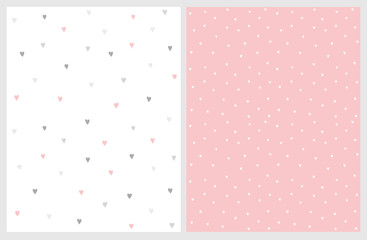 Lovely Hand Drawn Irregular Hearts Patterns. Pink and Gray Hearts on a White Background. Gray and White Ones on a Pink. Infantile Style Abstract Art. Cute Repeatable Design. Delicate Nursery Layouts.