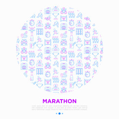 Marathon concept in circle with thin line icons: runner, start, finish, running shoes, bottle of water, route, award, changing room, memory photo, donation, fan zone. Vector illustration.