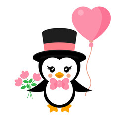 valentines day cartoon penguin with hat and tie and lovely balloon with flowers