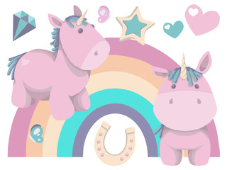 Vector collection of cute cartoon style fat pink baby unicorn illustrations with rainbow, star, horseshoe, butterfly, heart and diamond