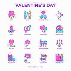 Valentine's day thin line icons set: couple in love, romantic evening, cupid bow, balloons, envelope, gift card, candles, love message, gift delivery. Modern vector illustration.
