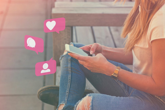 Young Adult Girl Influencer Using Social Media on Smartphone on Outdoor, Like, Follower, Comment Bubble Icons