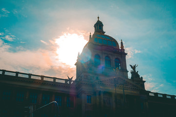 Historic European palace exterior in sunset light