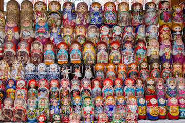Fototapeta na wymiar Moscow, June 08, 2018. Central market.Background of colorful Russian dolls on the market.Russian traditional Matryoshka souvenirs at the fair