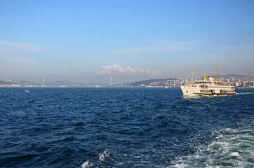 Ferry in bosphorus, bosphorus bridge in background