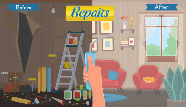 Living room before and after repair. Living room with chair, sofa, window, bookshelf. Vector flat cartoon illustration. 
