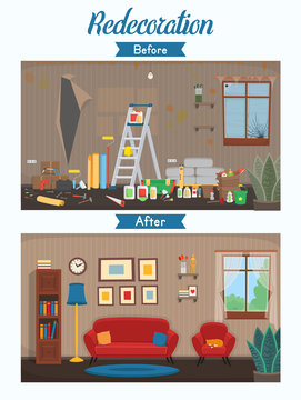   Living room before and after repair. Living room with chair, sofa, window, bookshelf. Vector flat cartoon illustration. 