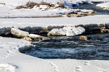Open waters of the Elbow river flow through Allen Bull Provincial Recreation Area, Alberta, Canada