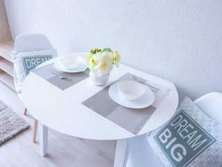 Details of a bright compact studio interior