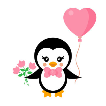 cartoon cute penguin with tie and lovely balloon and flowers