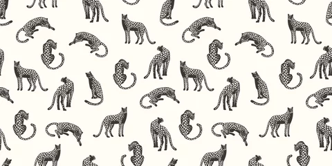 Foto op Plexiglas Seamless exotic pattern with abstract silhouettes of leopards. © Nadia Grapes