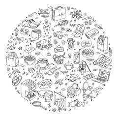 Vector sketch outline illustration of day in circle shape. Doodle set with business symbols. Handmade drawing objec