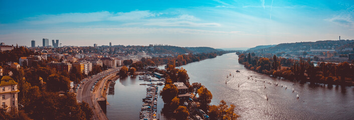 Wide panorama of the Vitava River and Prague