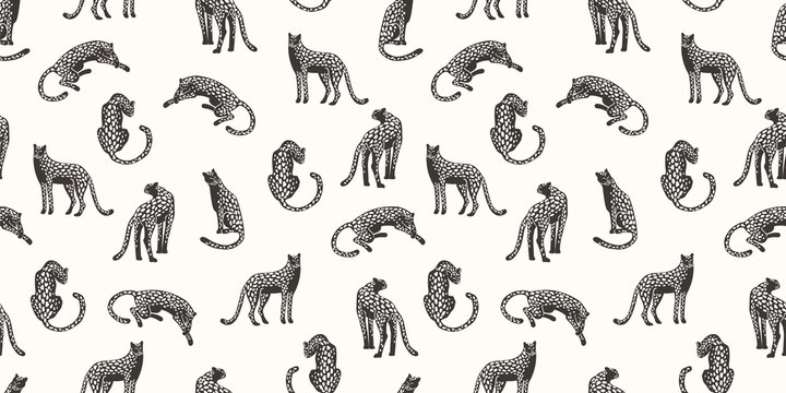 Seamless exotic pattern with abstract silhouettes of leopards.