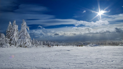 Wald an der Skipiste mit schnee bedeckt im Winter in den Bergen bei blauen Himmel mit Sonne, Tschechien