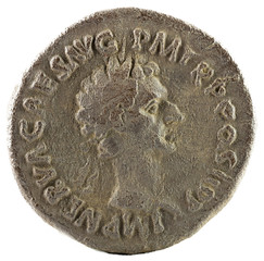 Ancient Roman silver denarius coin of Emperor Nerva. Obverse.