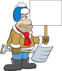 Cartoon illustration of a weary man holding a snow shovel and a sign. © bennerdesign