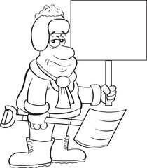 Black and white illustration of a weary man holding a snow shovel and a sign.