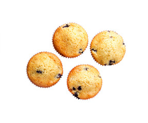 Homemade muffins with blueberries isolated on white background with clipping path. Flat lay, top view